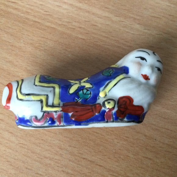 2 Vintage Chinese hand painted enamel baby pillow figurines boys 6" & 2.5" blue - Picture 5 of 5